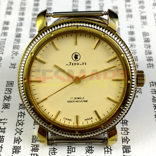37mm Shanghai Jinji manual watch with 17 jewels, shock-resistant design, gold-tone nails detail.