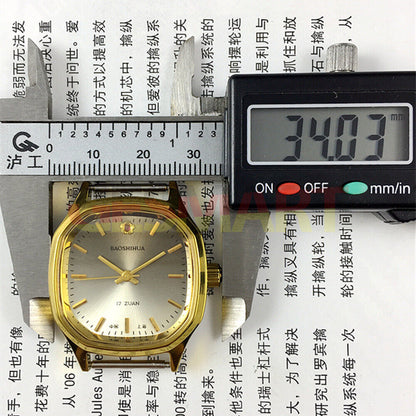 32mm Shanghai manual watch with golden markers and brown dial in octagonal stainless steel case.