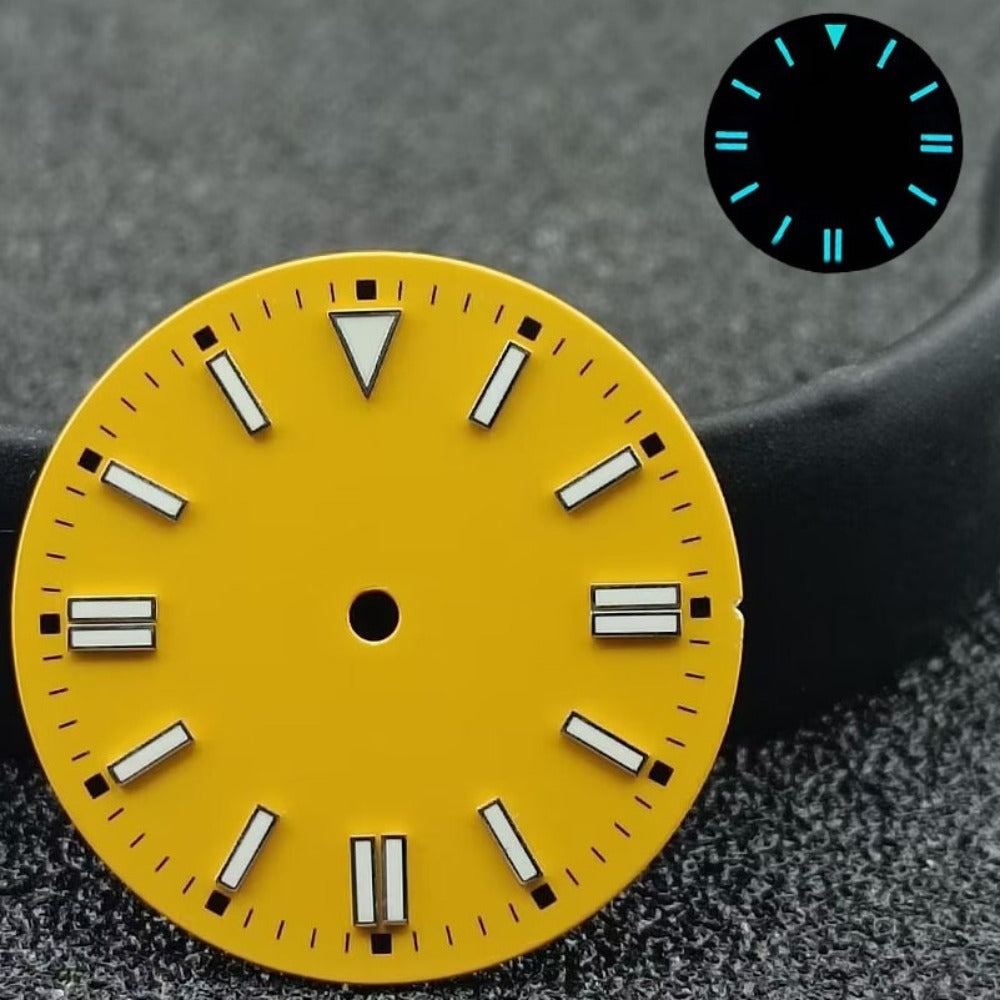 Yellow 28.5mm watch dial with blue luminous markers and silver nails, compatible with NH35/8215 ETA2836 movements.
