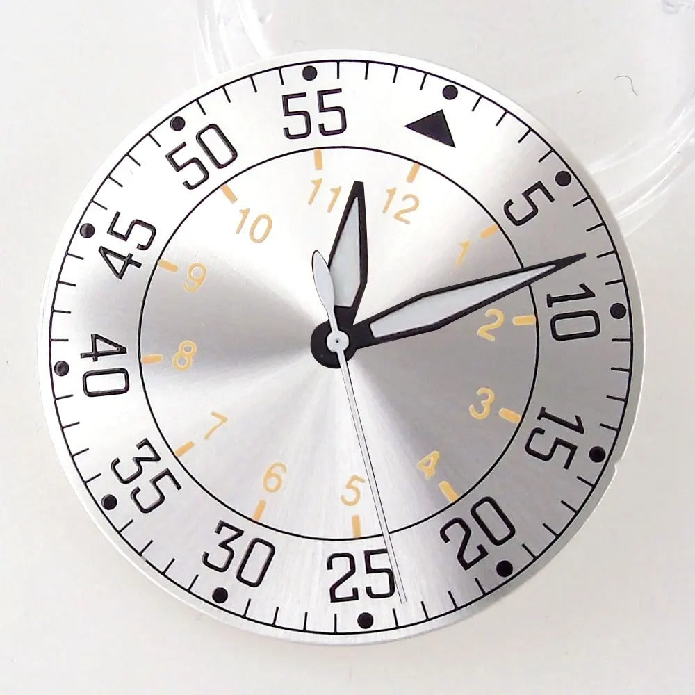 Sterile 33.6mm sunburst silver watch dial for 39mm pilot wristwatch with NH35A/NH36A movement.