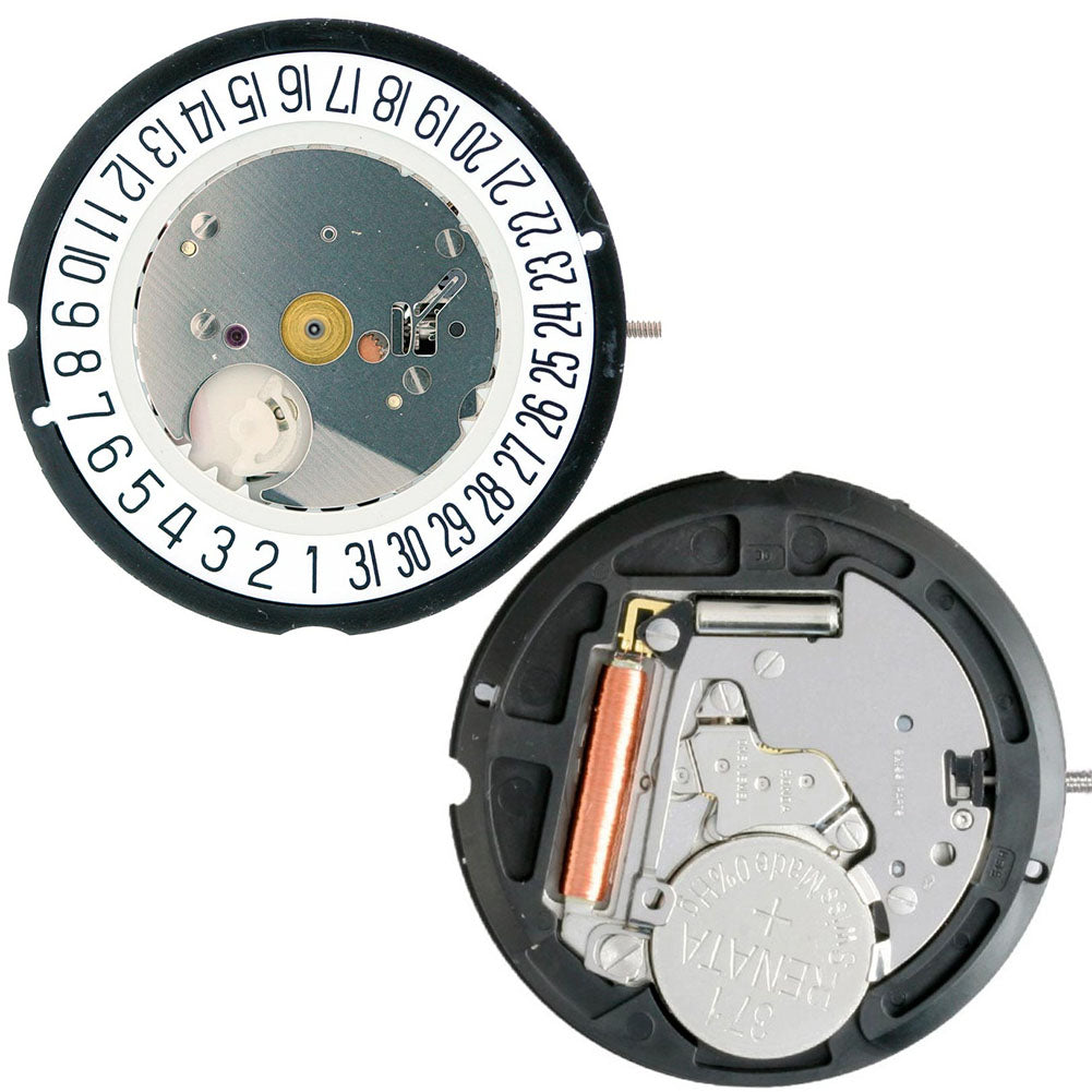Ronda 515 quartz watch movement showing date display at 3 and 6 o?clock positions for precise timekeeping