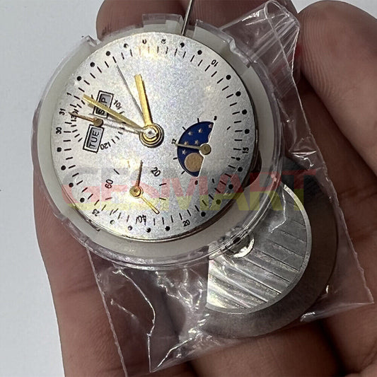 China Made 7751 7753 multifunctional automatic mechanical watch movement showing moon phase detail.
