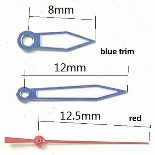 Aiguilles de montre luminescentes rouges de 12,5 mm avec garniture bleue pour mouvement à quartz Ronda 515
