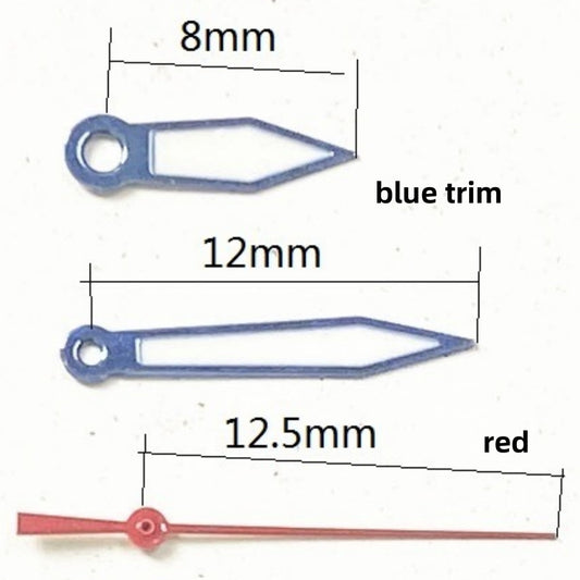 Aiguilles de montre luminescentes rouges de 12,5 mm avec garniture bleue pour mouvement à quartz Ronda 515