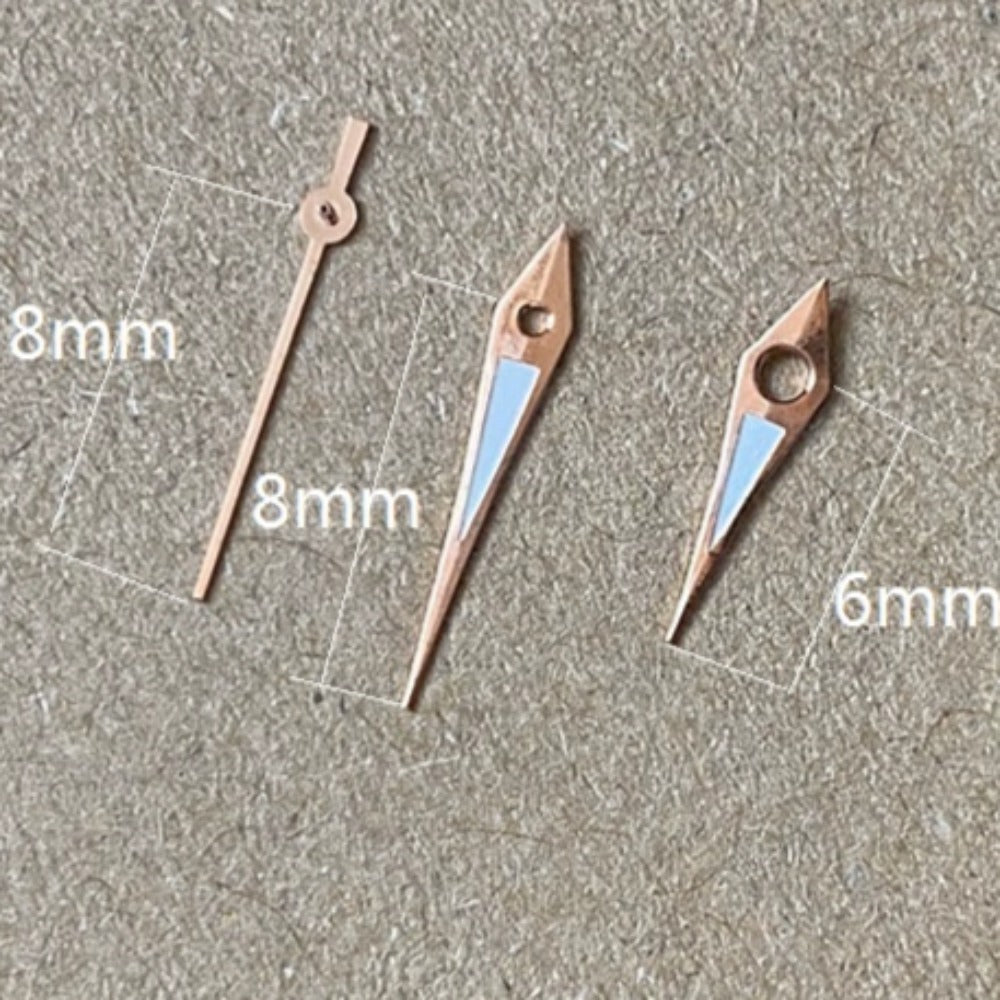 Rose golden arrow-shaped lume watch hands, 8x8x6mm, compatible with Miyota 2035 quartz movement.