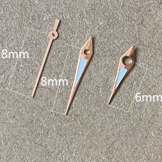 Rose golden arrow-shaped lume watch hands, 8x8x6mm, compatible with Miyota 2035 quartz movement.