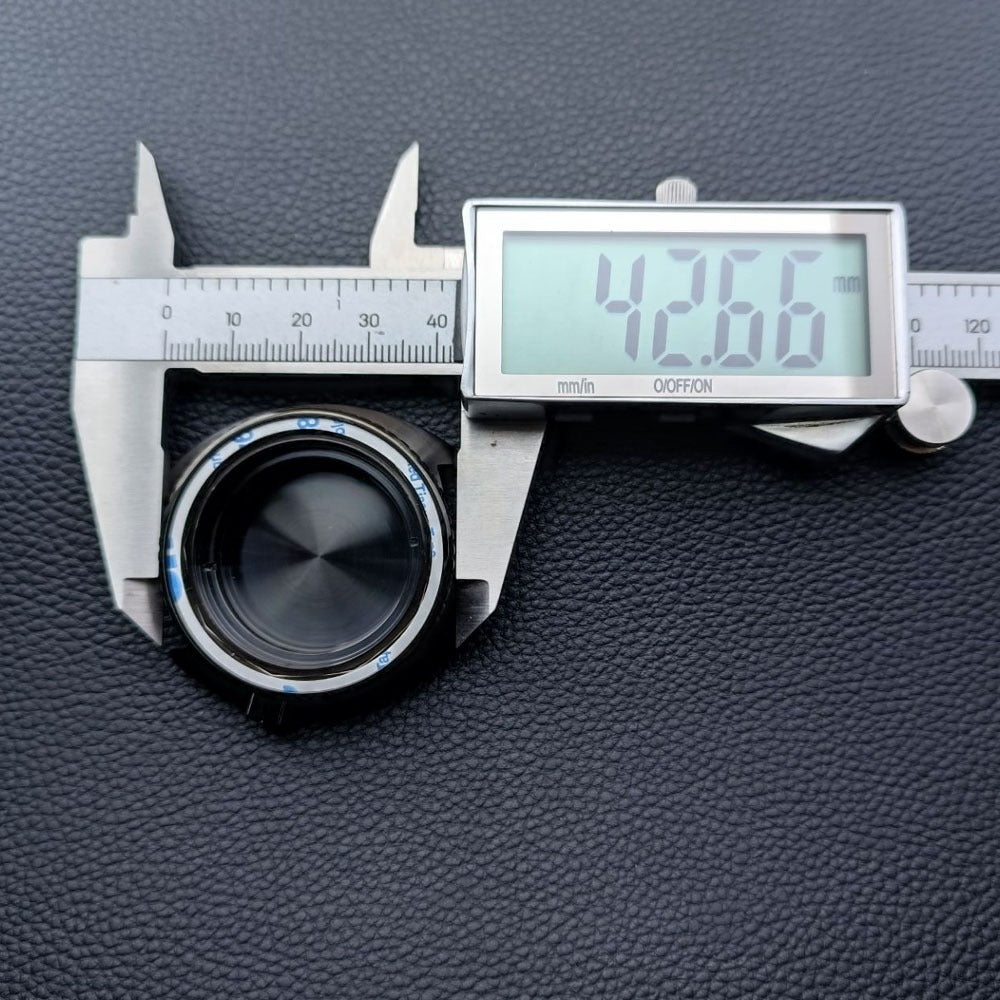 Silver 42.5mm watch case with blue bezel and white ring, compatible with NH35 NH36 NH38 NH70 NH72 movements.