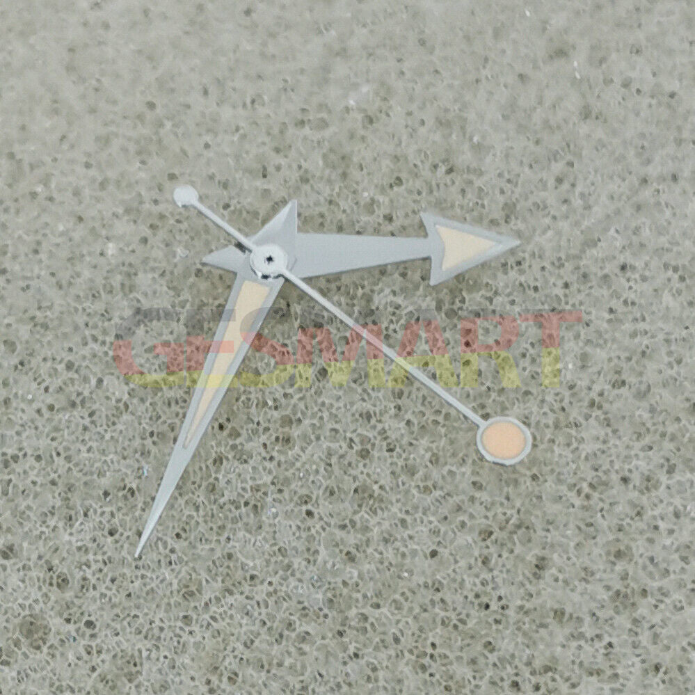 Green luminous watch hands with silver trim and orange accents for NH35 and NH36 movements, perfect for stylish repairs.