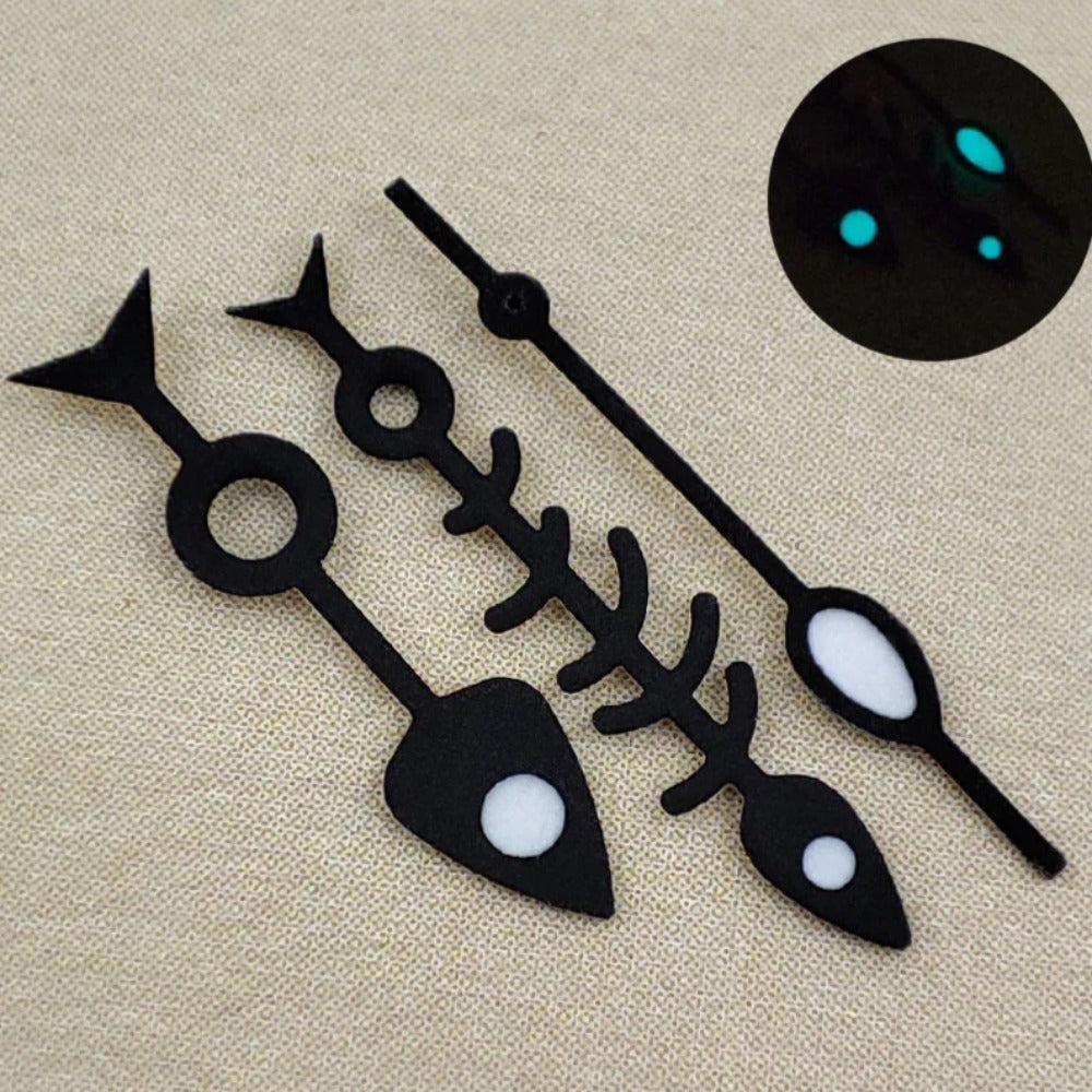 Green lume black fish-shaped watch hands for NH35/36 NH38 NH72 by Modified, perfect for precision timepieces.