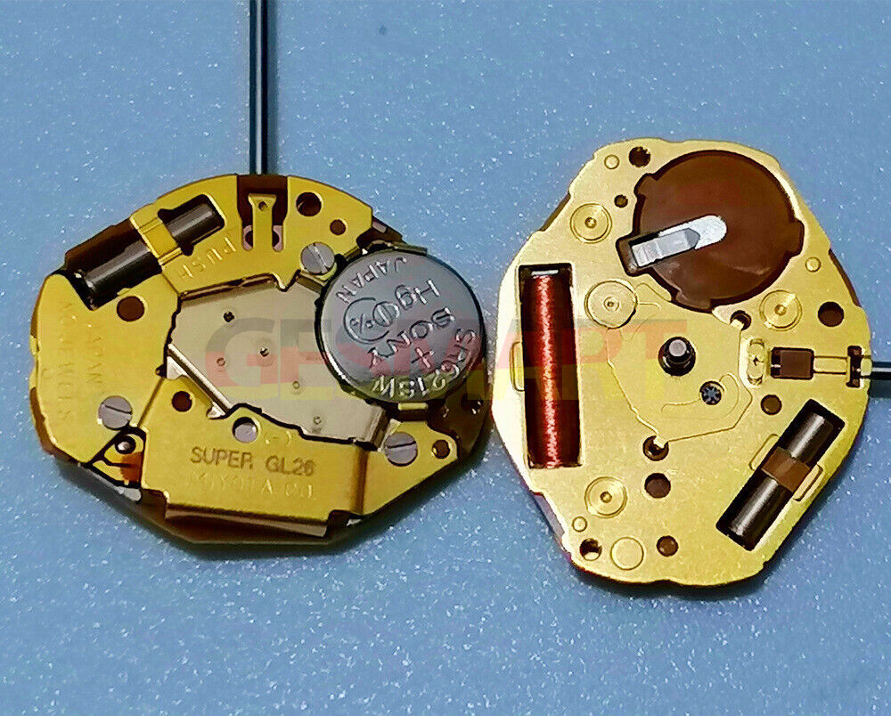 Miyota GL26 Japan-made golden 2-hand quartz watch movement for precise timekeeping.