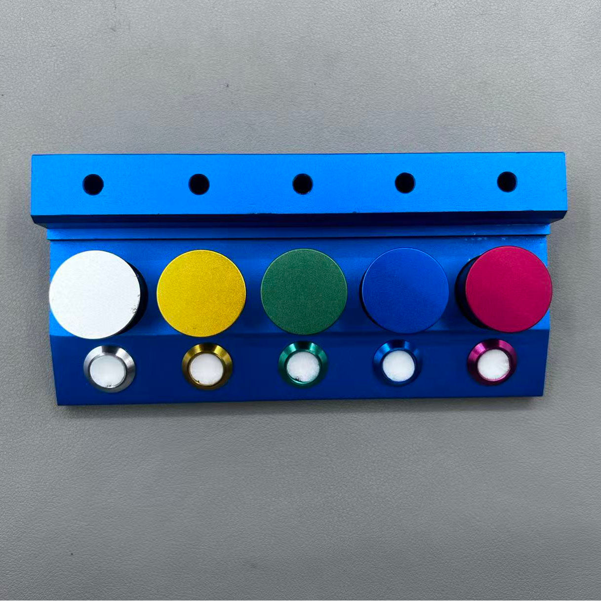 Die-cast alloy 5-container oil cup stand for watch repair accessories.