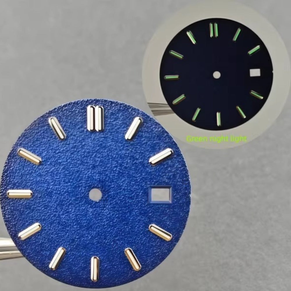 31mm dark matte green lume watch dial with silver nails, compatible with NH35 movement, for precision timekeeping.