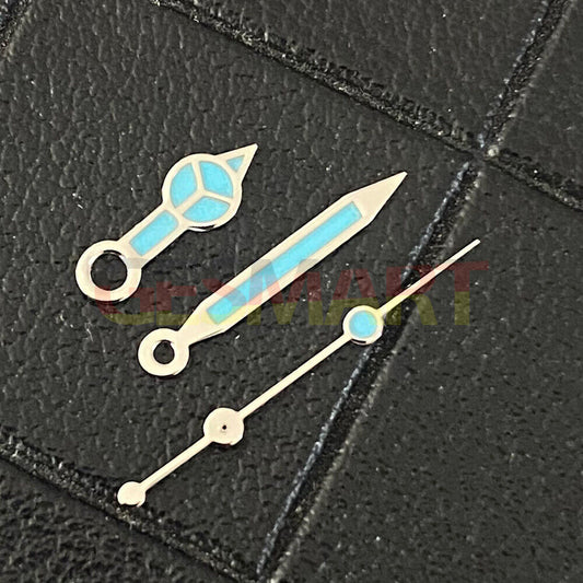 Classic silver-trim green luminous watch hands for NH35/NH36/4R/7S movements, perfect for precision timekeeping.