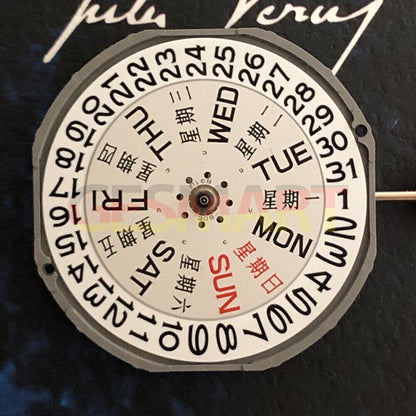 Miyota 2405 quartz movement with day-date, three hands, and watch stem for precise timekeeping.