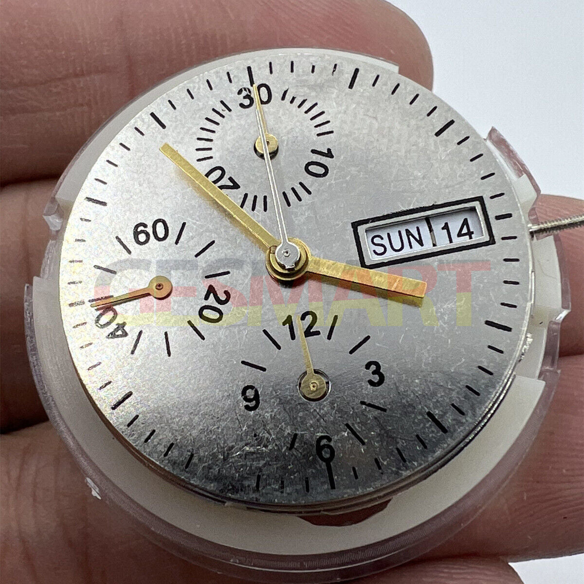 Asian 7750 automatic chronograph movement with day-date at 3 o?clock, precise ETA 7750 layout.