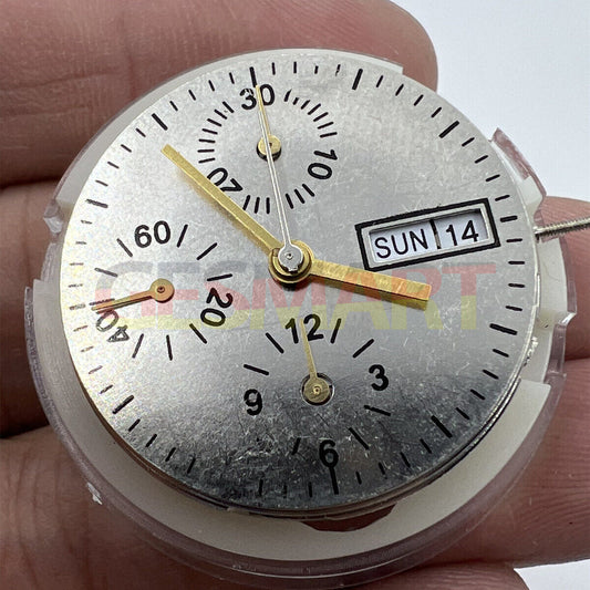 Asian 7750 automatic chronograph movement with day-date at 3 o?clock, precise ETA 7750 layout.