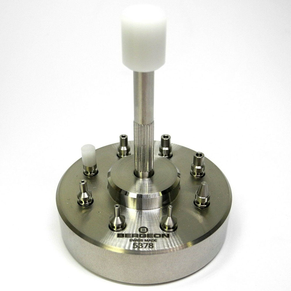 Bergeon 5378 Swiss watch hand fitting tool with 9 stakes on holder for precise accessory repairs