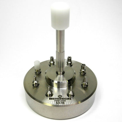 Bergeon 5378 Swiss watch hand fitting tool with 9 stakes on holder for precise accessory repairs