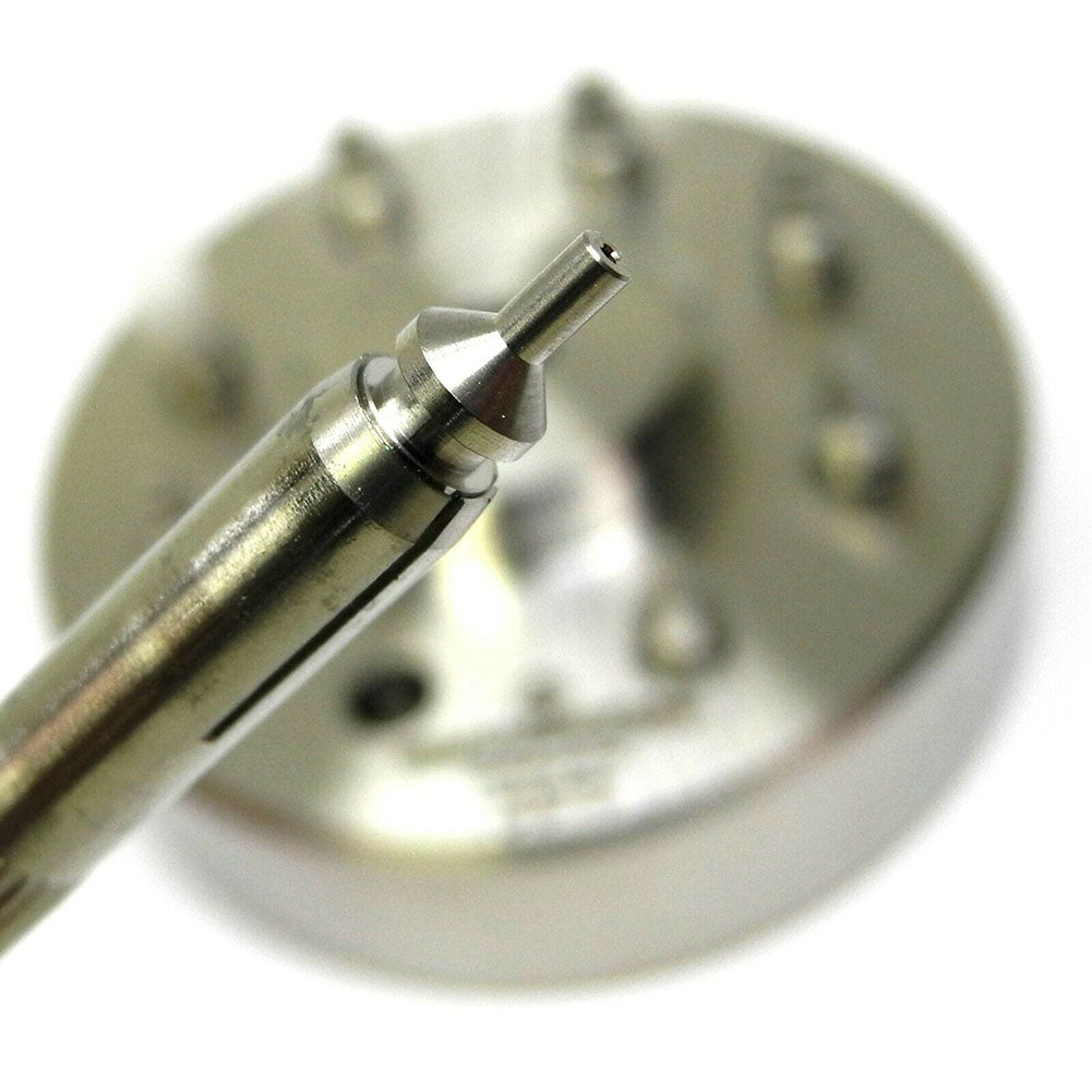 Bergeon 5378 Swiss watch hand fitting tool featuring 9 stakes on holder for precise watch accessory repairs.