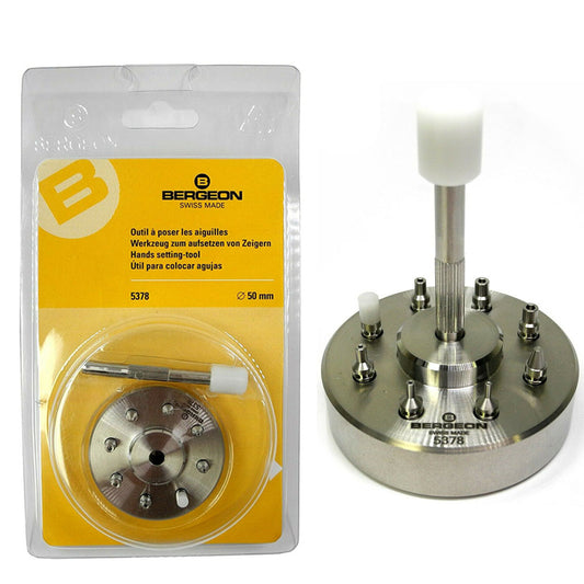 Bergeon 5378 Swiss watch hand fitting tool with 9 stakes on holder for precise accessory repairs