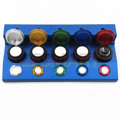 Die-cast alloy oil cup stand with 5 containers and metal covers for watch repair tools.