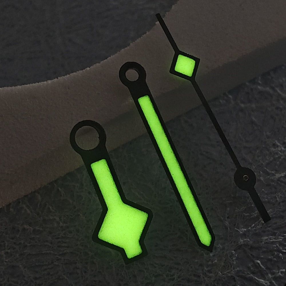 Snowflake black trim vintage watch hands with green lume for NH34 NH35 NH36 NH38 movements.