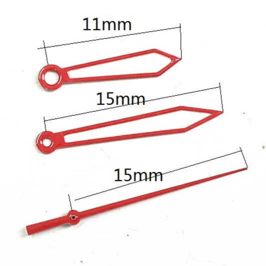 15mm solid red arrow-shaped watch hands for Miyota 2035 quartz movement, precise fit.