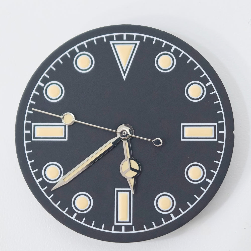 Vintage 28.5mm green lume watch dial for Miyota 8215, no calendar, perfect for custom timepieces.