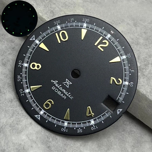 28.5Mm Black Modified Watch Dial For NH35 NH36  Green Lume Golden Nail