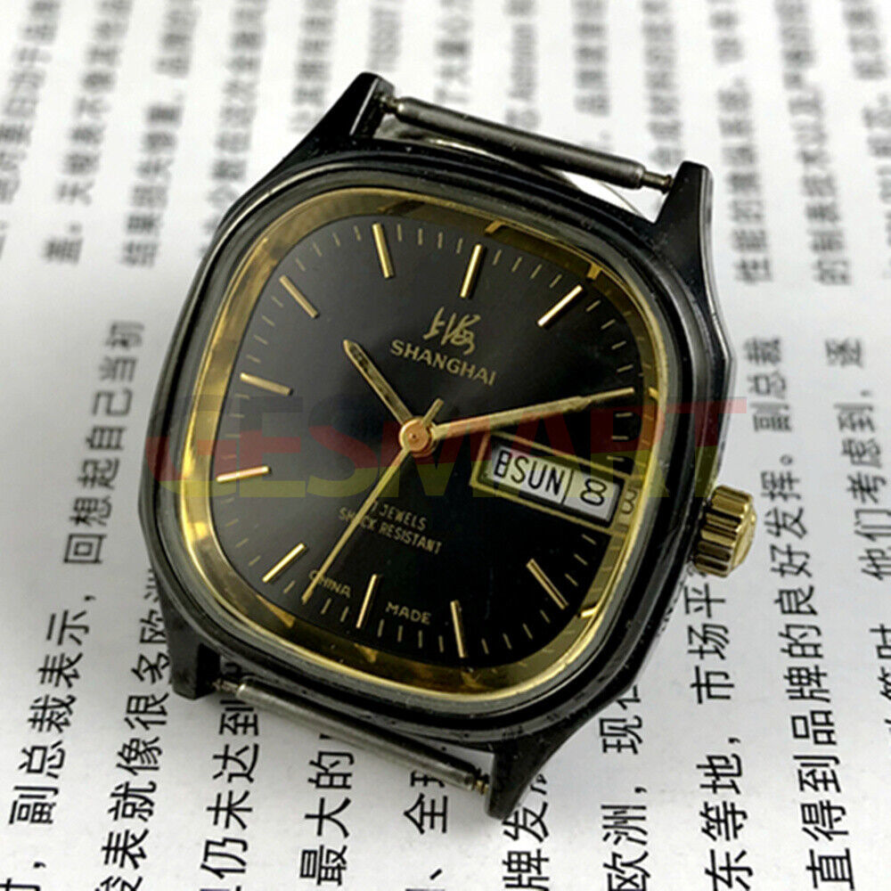 Shanghai Factory 33mm black dial manual mechanical watch with double calendar, classic style for elegant wear.