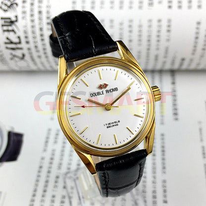 Beijing Double Rhomb mechanical watch with golden nail markers and polished gold case, elegant timepiece by Beijing brand.