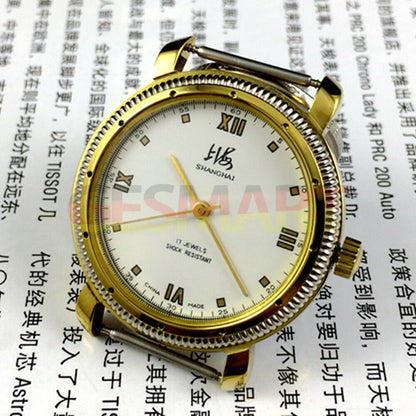 Shanghai Factory 38mm manual mechanical watch with gold shock-resistant case and classic design.