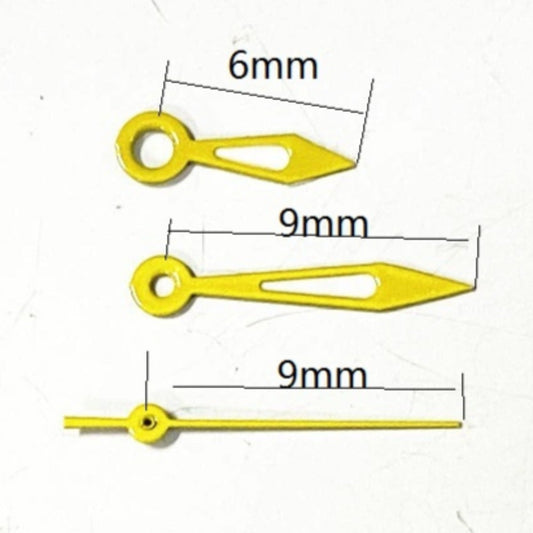 Yellow trim big arrow-shaped watch hands designed for Miyota 2035 quartz movement, enhancing visibility and style.