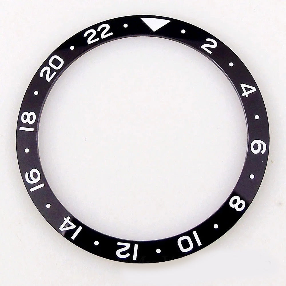Black 38x31.5mm ceramic GMT bezel insert for SKX NH34 wristwatch, durable watchmaker part.