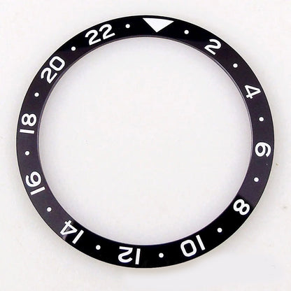 Black 38x31.5mm ceramic GMT bezel insert for SKX NH34 wristwatch, durable watchmaker part.
