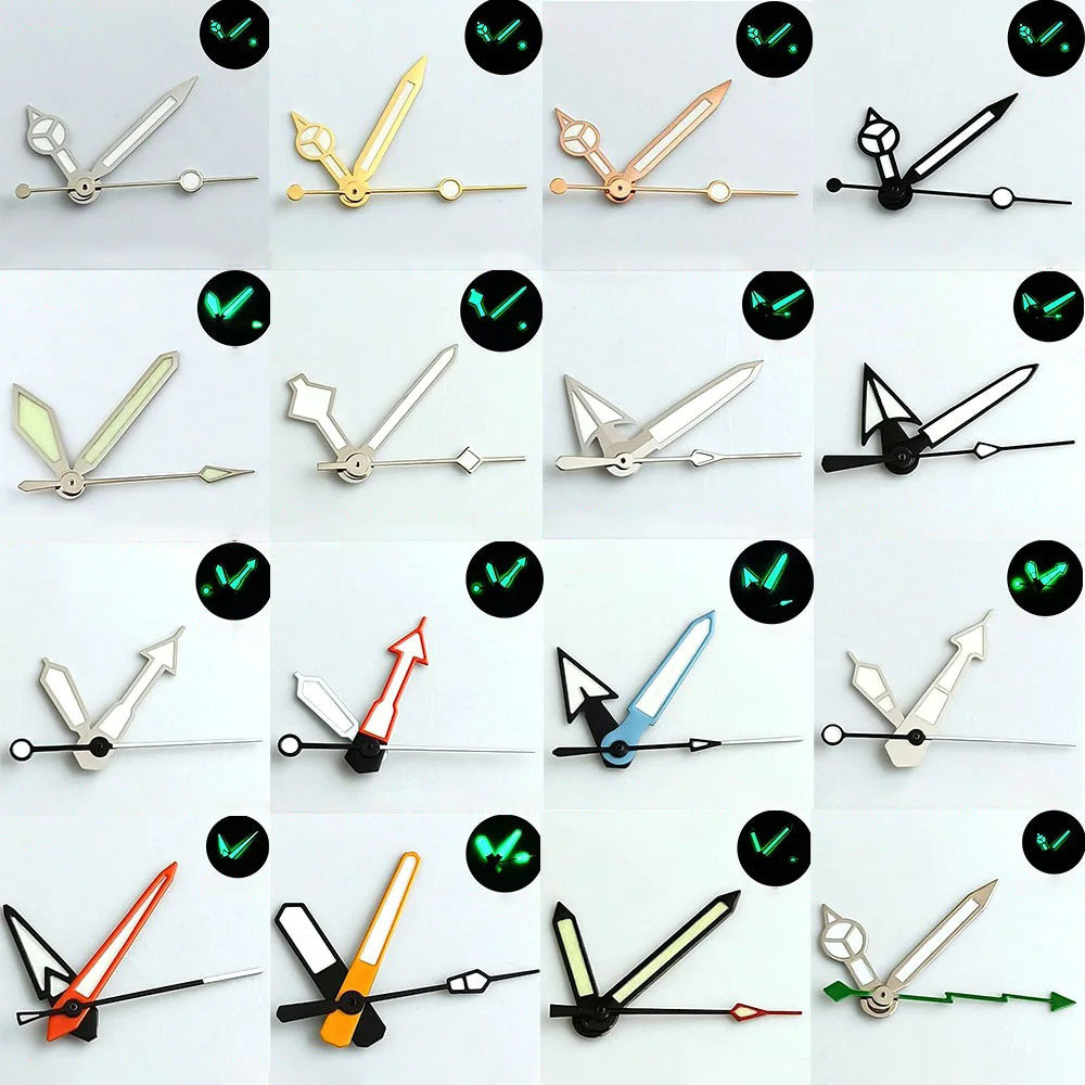 Pointer watch hands in green and blue with Super Luminous finish, compatible with NH 35 NH36 movements by Pointer.