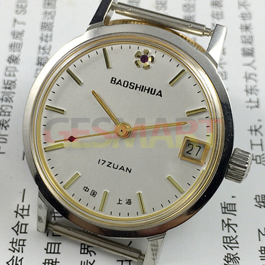 33mm Shanghai manual mechanical watch with single calendar, 17 jewels, shock-resistant design by Shanghai.