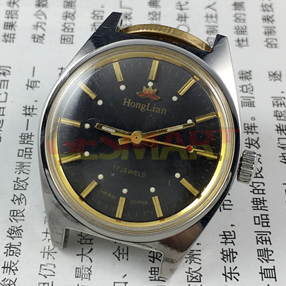 HONGLIAN 32mm manual mechanical watch with black dial, golden nail markers, 17 jewels for precise timekeeping