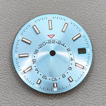 28.5mm Light Blue Watch Dial For NH35 Movement Green Lume No Logo 24-Hour