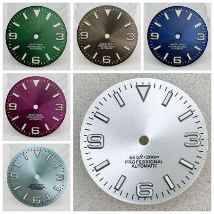28.5mm S Logo Watch Dial SunBurst with Green Luminous for NH35/NH36 Movement