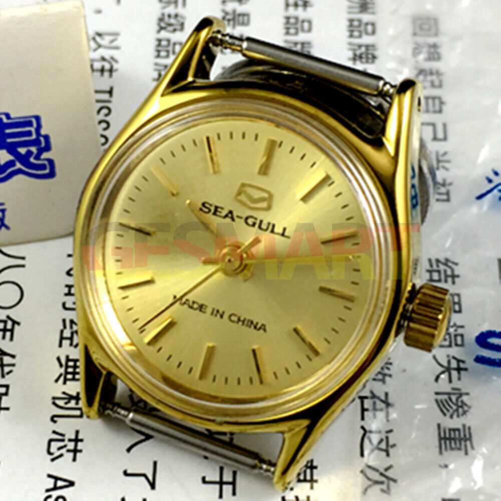 26mm gold round case ladies watch by Tianjin Seagull with manual mechanical movement.