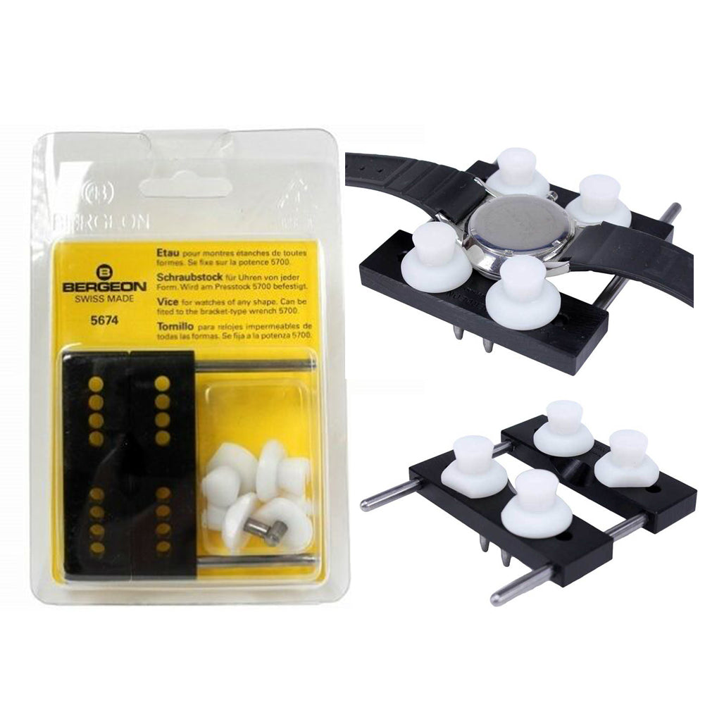 Bergeon 5674 durable watch case vice jaws, essential for precise watch repair and maintenance tasks.