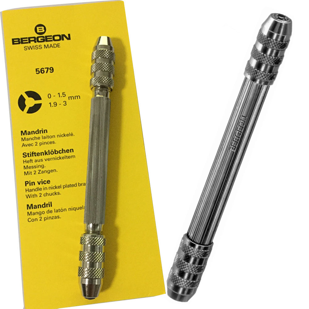 Bergeon 5679 pin vice tool for precise watch pin handling with adjustable 0-1.5 and 1.9-3 mm openings.