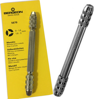 Bergeon 5679 pin vice tool for precise watch pin handling with adjustable 0-1.5 and 1.9-3 mm openings.