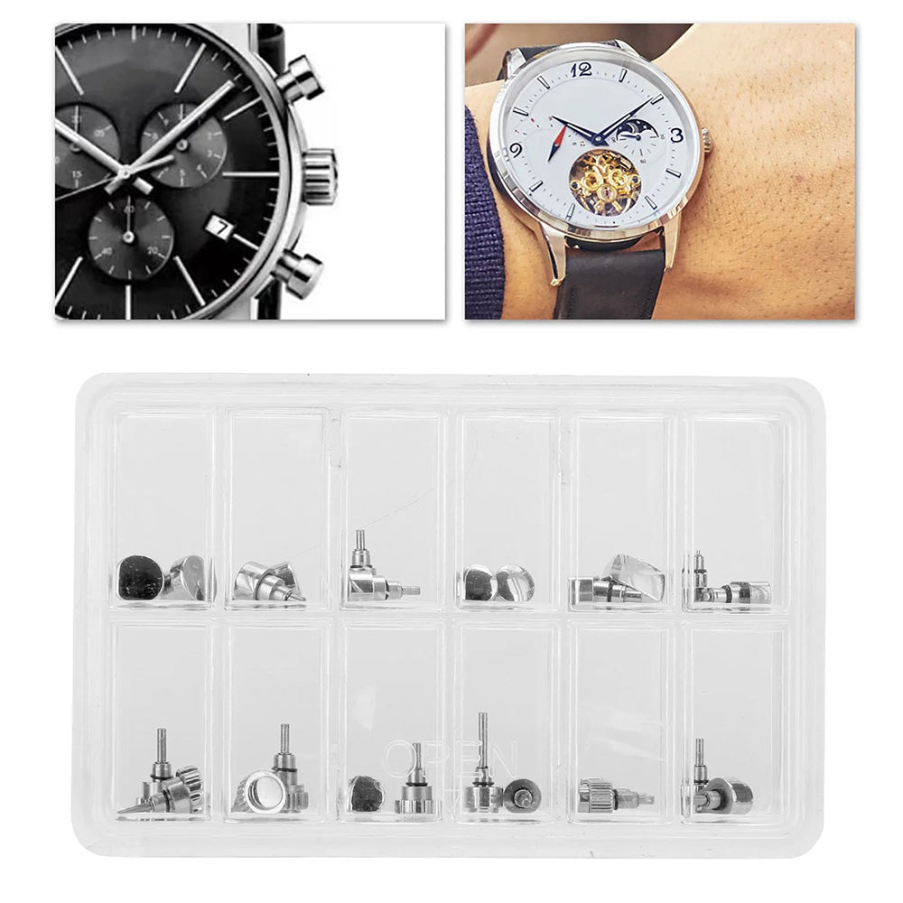 Stainless steel watch case buttons and spring bars set, 24pcs with 12 types for precise replacements.