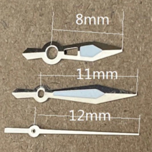 Silver trim green lume arrow watch hands compatible with Ronda 515 quartz, enhancing readability and style.