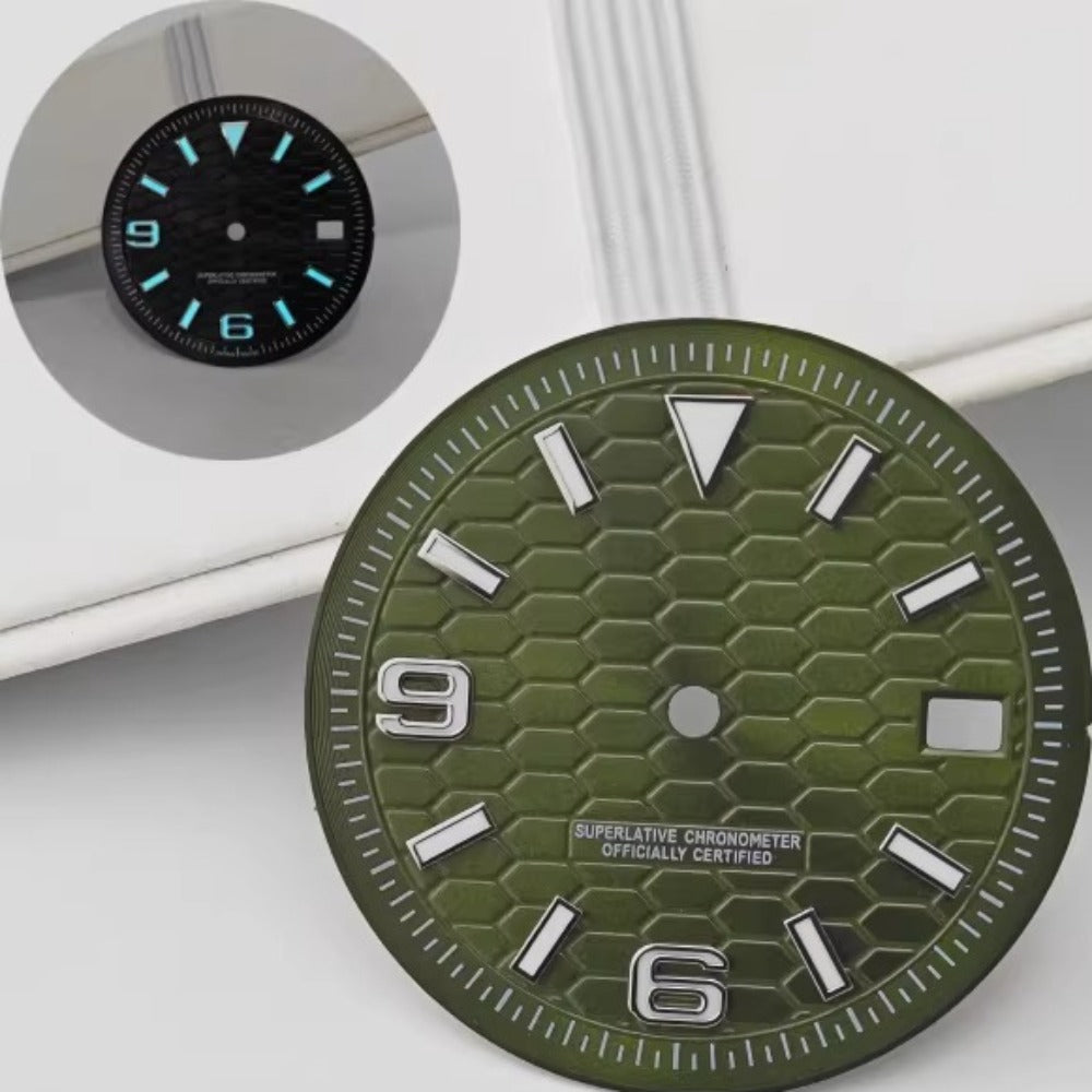 31mm Olive Drab diving watch dial with honeycomb texture, fits NH35 NH36 movements, no logo, durable design.