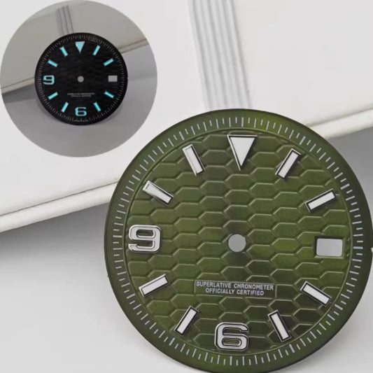31mm Olive Drab diving watch dial with honeycomb texture, fits NH35 NH36 movements, no logo, durable design.