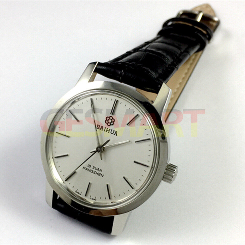 China Baihua 37mm manual mechanical watch with 19 jewels, silver finish, and shock-resistant design.