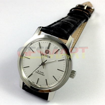 China Baihua 37mm manual mechanical watch with 19 jewels, silver finish, and shock-resistant design.